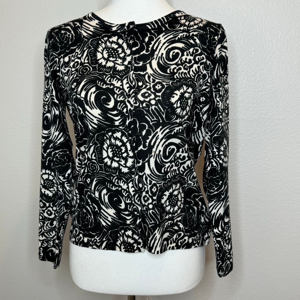 TALBOTS Merino Wool Cardigan Sweater MED Floral Black 3/4 Sleeves Quiet Luxury